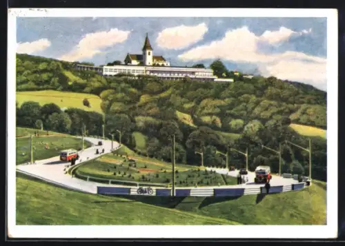 AK Wien, Kahlenberg, Höhenstrasse mit Kirche und Panoramablick