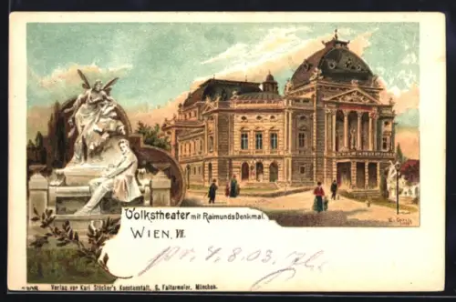 Lithographie Wien, Volkstheater mit Raimundsdenkmal