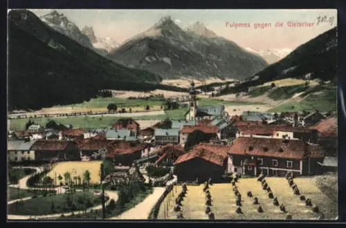 AK Fulpmes, Blick gegen die Gletscher, Dorf mit Kirche