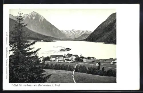 Lithographie Achensee, Hotel Fürstenhaus und See mit Bergpanorama