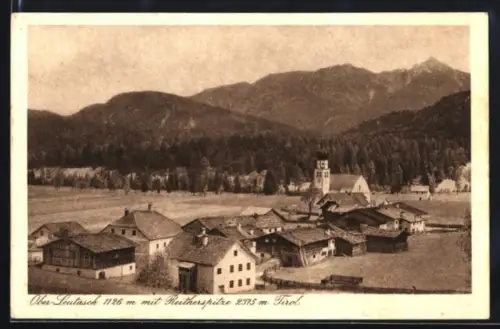 AK Oberleutasch /Tirol, Panorama mit Kirche und Reitherspitze