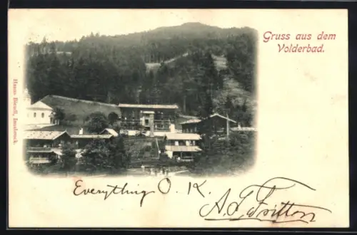 AK Volderbad, Ortsansicht mit Gebäuden vor bewaldetem Hang