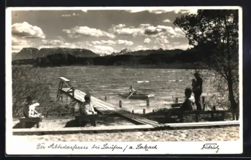 AK Laufen a. Salzach, Abtsdorfersee, Ufer mit Steg und Ruderboot