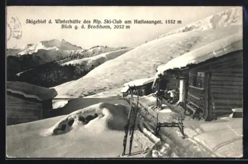 AK Kirchberg in Tirol, Harlosanger, Winterhütte des Alp. Ski-Clubs, Skigebiet, Blick zum Brechhorn