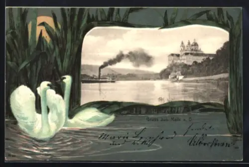 AK Melk a. D., Stift und Donau mit Schwänen im Passepartout