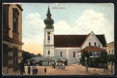 AK Maria Taferl, Kirche mit Platz, Kutschen und Passanten