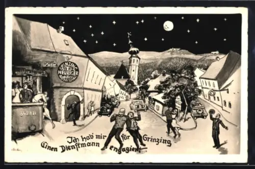 AK Wien, Heuriger und Dorfstrasse mit Kirche, Gasthaus Grinzing, nächtliche Karikaturansicht