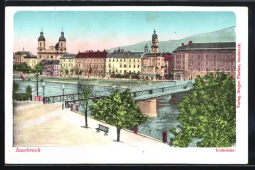 Lithographie Innsbruck, Innbrücke mit Promenade und Ortspanorama