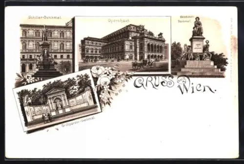 Lithographie Wien, Opernhaus, Schiller-Denkmal, Beethoven-Denkmal