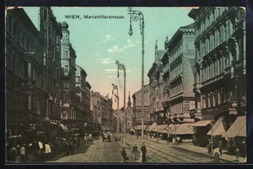 AK Wien, Mariahilferstrasse, Blick in die Geschäftsstrasse mit Schaufenstern und Strassenbahn
