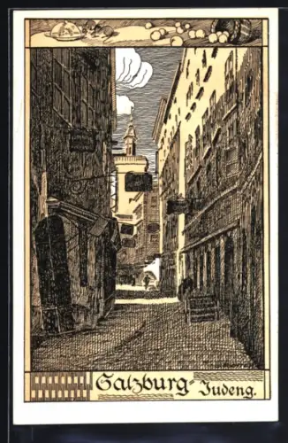 Künstler-AK Salzburg, Judengasse, Strassenpartie, Mäuse mit Käse