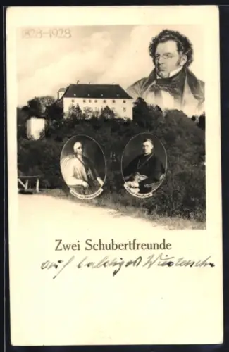 AK St. Georgen am Steinfelde, Schloss Ochsenburg, Zwei Schubertfreunde, Porträts, Jubiläum 1928