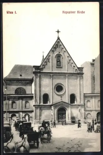 AK Wien, Kapuzinerkirche, Fassade mit Platz und Kutschen