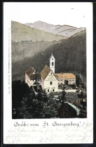 AK Schwaz /Tirol, St. Georgenberg, Klosteranlage mit Kirche und Bergpanorama, Gold-Ornamente