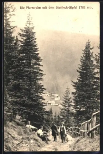 AK Tragöss, Pfarreralm, Stuhleck-Gipfel, Schutzhaus, Alm mit Weg und Wanderern