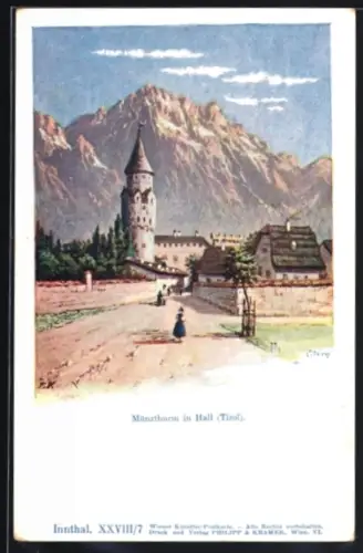Künstler-AK Hall /Tirol, Münzthurm mit Umgebung
