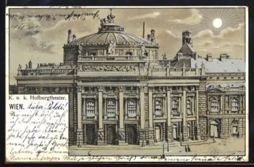 Lithographie Wien, K. u. k. Hofburgtheater mit Sonne