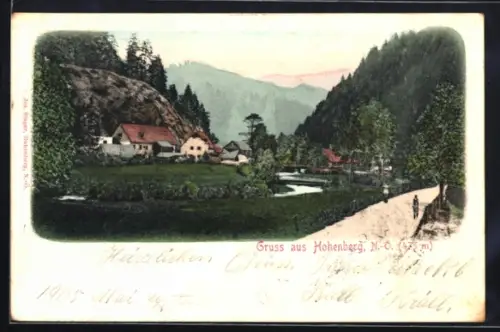 Lithographie Hohenberg /N.-O., Talansicht mit Häusern, Bach und Weg