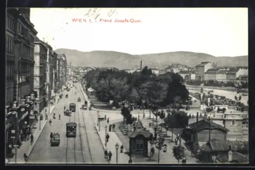 AK Wien, Franz Josefs-Quai aus der Vogelschau, Strassenbahnen, Panorama