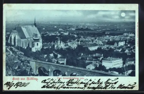 Mondschein-AK Mödling, Mödling vom Frauenberge aus, mit Kirche u. Viadukt