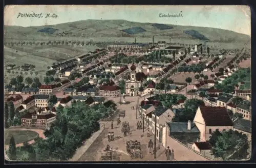 AK Pottendorf /N.-Ö., Totalansicht mit Strasse u. Fabriken