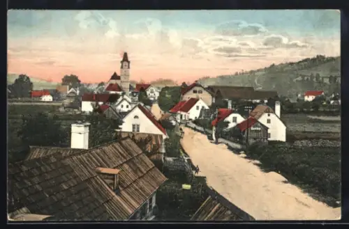 AK Langenwang, Strasse mit Häusern und Kirche, Panorama