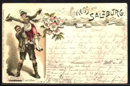 Lithographie Salzburg, Trachtenpaar beim Tanz, Bergpanorama