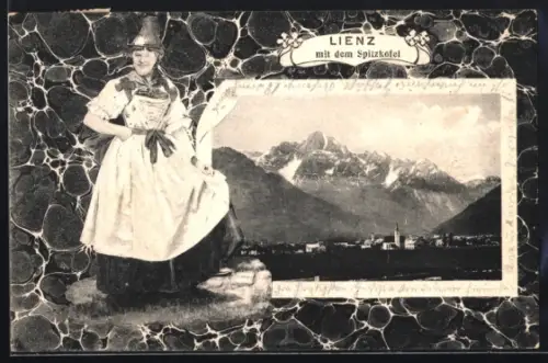 AK Lienz, Ortspanorama mit dem Spitzkofel, Lienzerin in Tracht