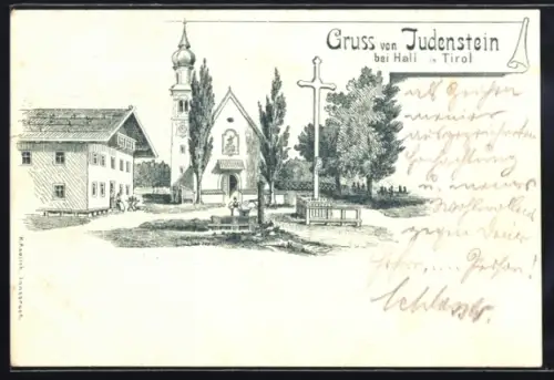 Lithographie Judenstein bei Hall i. Tirol, Kirche mit Flurkreuz