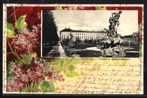Lithographie Salzburg, Garten und Schloss Mirabell, Flieder