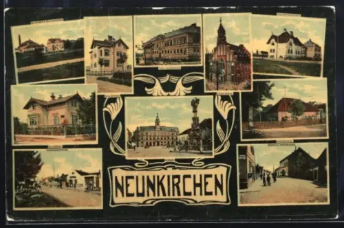 Lithographie Neunkirchen, Villa Andres, Blaufabrik U. Villa Schneider, Marktplatz mit Rathaus und Denkmal