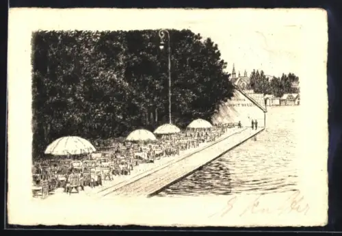 Künstler-AK Pörtschach, Uferpromenade mit Gasthaus Werzer, Tische und Sonnenschirme, Ortsblick