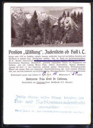 AK Judenstein ob Hall i. T., Pension Wälsung G. Lassenau, Haus im Bergwald mit Gebirgspanorama