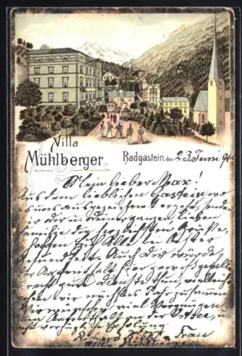 Lithographie Badgastein, Villa Mühlberger, Ortsansicht mit Kirche und Gebirgspanorama