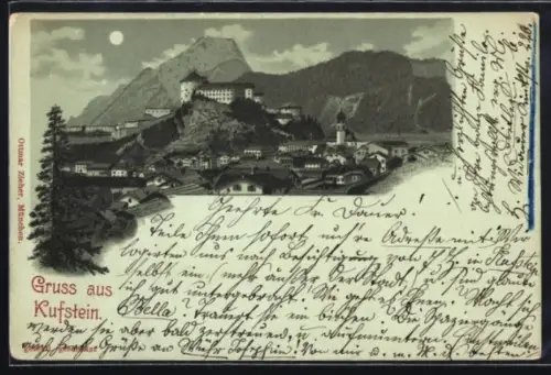 Mondschein-Lithographie Kufstein, Panorama mit Festung und Kirche