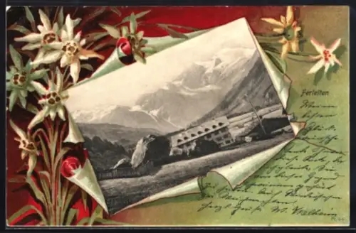 Lithographie Ferleiten, Talpartie mit Gebirgspanorama, Edelweiss-Passepartout