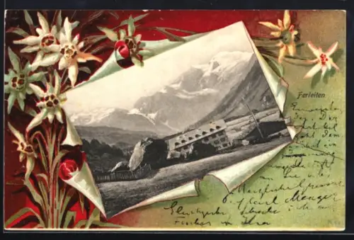 Lithographie Ferleiten, Gebirgspanorama, Edelweiss-Passepartout