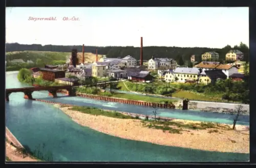 AK Laakirchen, Ortsansicht mit Fabrikanlagen, Fluss und Brücke