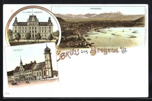 Lithographie Bregenz a. B., Panorama mit Seeufer und Alpen, K.K. Postgebäude, Rathaus