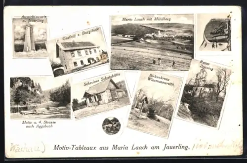 AK Maria Laach am Jauerling, Gasthaus zum Burgstock, Aussichtwarte, Schreiner Schutzhütte