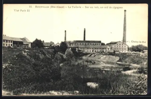 AK Retzwiller /Hte-Alsace, La Tuilerie, Sur un toit, un nid de cigognes