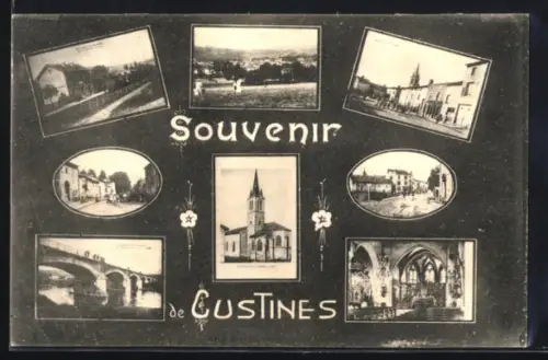 AK Custines, Souvenir de Custines avec église, pont et vues panoramiques