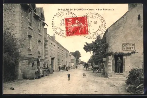 AK St-Sulpice-le-Dunois /Creuse, Rue Principale avec habitants et enseigne Chocolat Menier