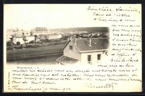AK Homécourt, Vue sur la ville et l`usine industrielle en arrière-plan