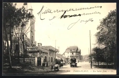 AK Paris-Plage, Rue Saint-Jean avec voitures et bâtiments historiques en arrière-plan