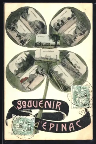 AK Épinac, Souvenir illustré avec scènes locales sur un trèfle à quatre feuilles