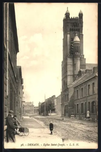 AK Denain, Église Saint-Joseph et rue animée