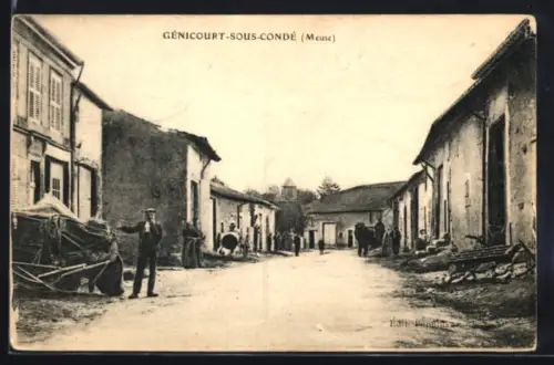 AK Génicourt-sous-Condé /Meuse, Scène de rue animée avec habitants et maisons anciennes