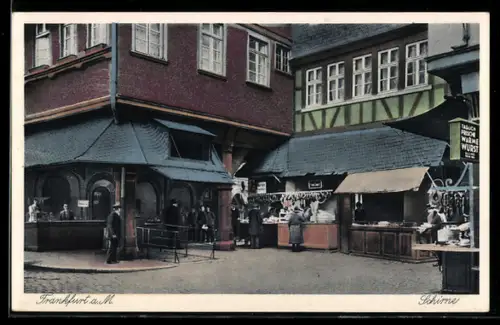 AK Alt-Frankfurt, Schirne, Marktstände, Wurstverkauf
