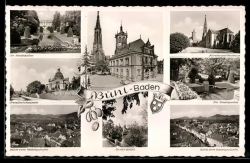 AK Bühl /Baden, Stadtgarten, Kirche und Rathaus, Friedhofskapelle